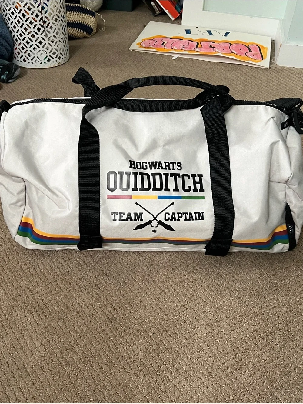 Hogwarts Quidditch Team Captain White Duffel Bag with Rainbow Accent